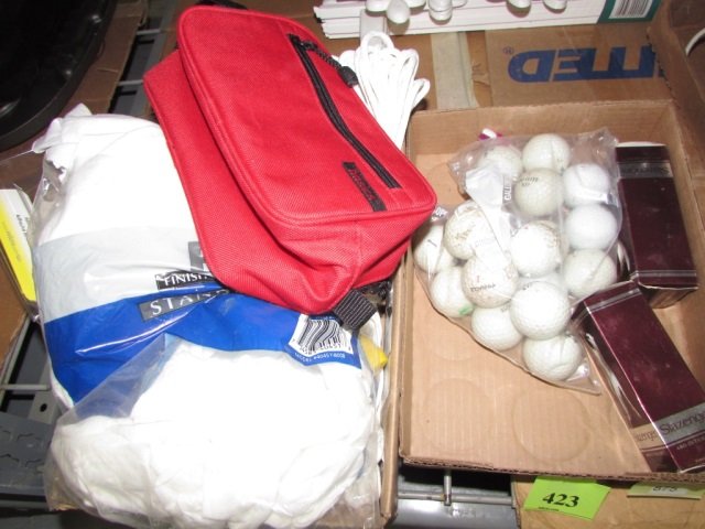 SUPPLIES AND GOLF BALLS (2) 2 BOX LOTS, ONE INCLUDES A: 2 BOX LOTS, ONE INCLUDES A BAG OF GOLF BALLS AND 2 PACKAGES OF SLAZENGER GOLF BALLS, OTHER LOT INCLUDES ROPE, WIPING CLOTHS, STICKY BACK VELCRO TAPE, AND MORE