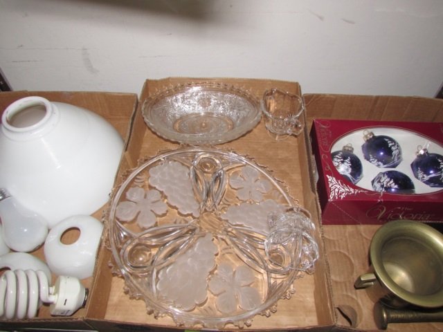 HOME LIGHTING AND HOME DECOR (3) BOX LOT OF 3 INCLUDES: BOX LOT OF 3 INCLUDES LIGHT FIXTURES, LIGHT BULBS, GLASSWARE, CHRISTMAS ORNAMENTS