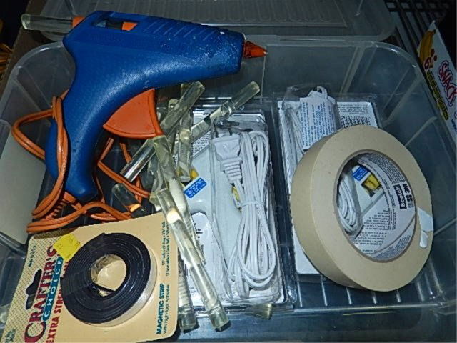 GLUE GUNS AND SUPPLIES 2 MINI GLUES GUNS, ONE EMHART: 2 MINI GLUES GUNS, ONE EMHART THERMOGRIP BRAND GLUE GUN 208, GLUE STICKS, TAPE AND MAGNETIC STRIP