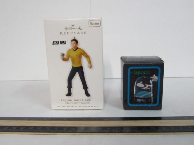 STAR TREK ORNAMENT & SNOW GLOBE BOTH ARE IN UNOPENED: BOTH ARE IN UNOPENED ORIGINAL PACKAGING, STAR TREK JAMES T. KIRK HALLMARK ORNAMENT 2010 & MINI STAR TREK SNOW GLOBE