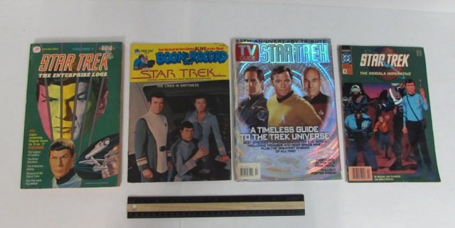 STAR TREK MAGAZINES & BOOKS (4) STAR TREK TV GUIDE,: STAR TREK TV GUIDE, STAR TREK THE CRIER IN EMPTINESS BOOK/RECORD, STAR TREK THE MODALA IMPERATIVE, & STAR TREK THE ENTERPRISE LOGS