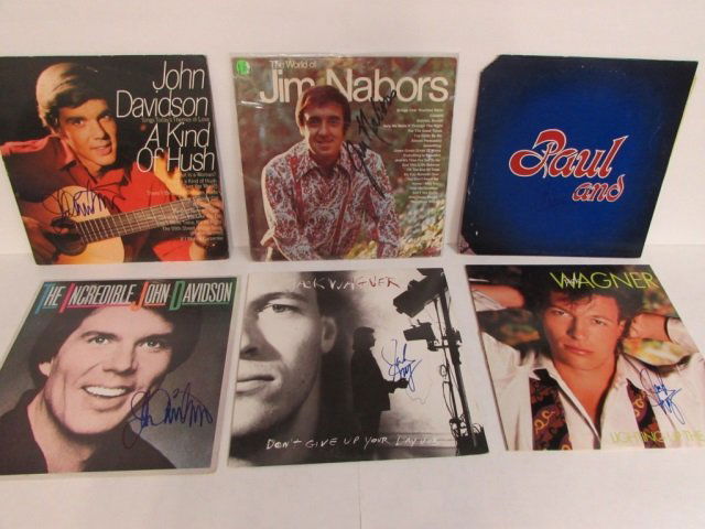 VINYL SIGNED AUTOGRAPHED RECORDS (6) THE WORLD OF JIM: THE WORLD OF JIM NABOR, PAUL AND / PAUL STOOKEY, JOHN DAVIDSON, 1980 THE INCEDIBLE JOHN DAVIS, 1985 JACK WAGNER LIGHTING UP THE NIGHT, 1987 JACK WAGNER DONT GIVE UP YOUR DAY JOB,