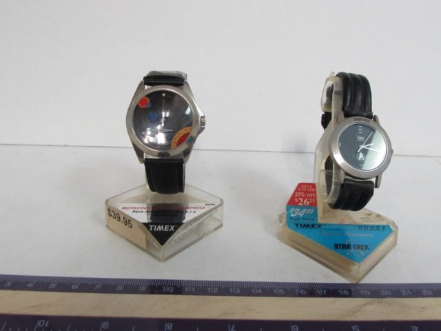 STAR TREK WRIST WATCHES (2) BOTH ARE ON ORIGINAL, USS: BOTH ARE ON ORIGINAL, USS ENTERPRISE DAMAGED LEATHER BAND, & STAR TREK TIMEX BAND IS DAMAGED