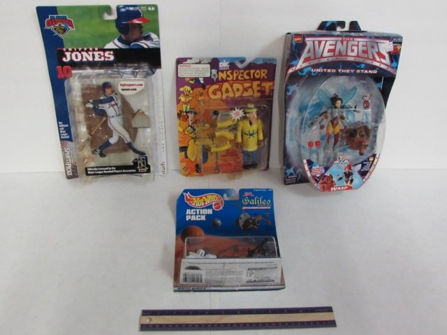 ASSORTED ACTION FIGURES (4) ALL ARE IN ORIGINAL: ALL ARE IN ORIGINAL PACKAGING, INSPECTOR GADGET, HOTWHEELS ACTION PACK, THE ADVENGERS, & CHIPPER JONES FIGURE