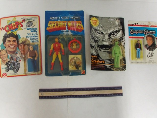 VINTAGE COLLECTIBLE ACTION FIGURES (4) ALL ARE IN: ALL ARE IN ORIGINAL PACKAGING, 1980 CREATURE FROM THE BLACK LAGOON, 1984 IRON MAN, 1982 SUPER STARS COLT, & 1977 "CHIPS" FIGURE (ORIGINAL PACKAGING IS DAMAGED)