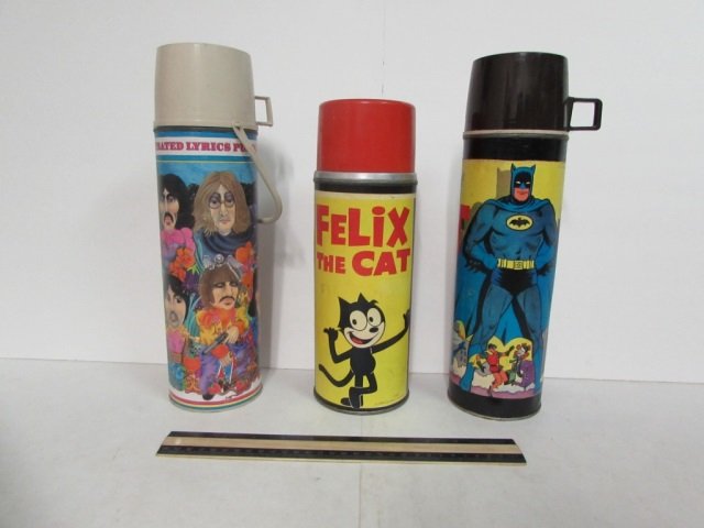 3 VINTAGE LARGE THERMOS BOTTLES THE BEATLES ILLUSTRATED: THE BEATLES ILLUSTRATED LYRICS PUZZLE IN A PUZZLE, BATMAN, & FELIX THE CAT