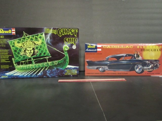 2 VINTAGE PLASTIC MODEL KITS CADILLAC ELDORADO BROUGHAM: CADILLAC ELDORADO BROUGHAM (INCLUDES 2 SCULPTED FIGURES) & VIKING GHOST SHIP