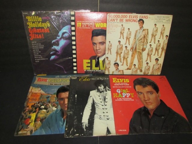 ELIVIS & BILLIE HOLIDAY VINYL RECORDS (6) BILLIE: BILLIE HOLIDAY'S GREATEST HITS, 50,000,000 ELVIS FANS CANT BE WRONG, IT HAPPENED AT THE WORLDS FAIR, GIRL HAPPY, THAT'S THE WAY IT IS, & ROUSTABOUT