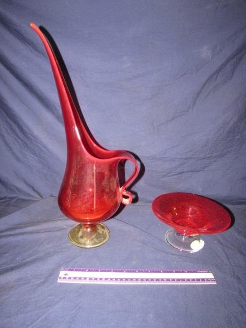 RED ART GLASS DECORATIVE HOME DECOR (2): MODERN AMBERINA GLASS PITCHER 18 INCHES TALL, ART GLASS COMPOTE IS 7 INCHES ACROSS AND 3.5 INCHES TALL WITH CLEAR GLASS BASE AND RED BOWL