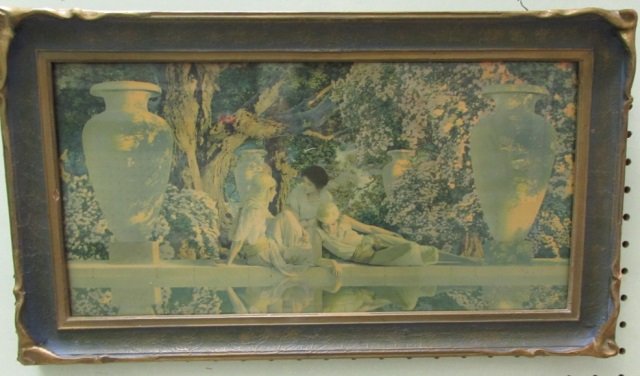 ART DECO PARRISH / FOX STYLE FRAMED PRINT: FOX OR PARRISH PRINT, 3 GIRLS ON A BALCONY, MEASURES 20.5" BY 12", IN GOOD CONDITION