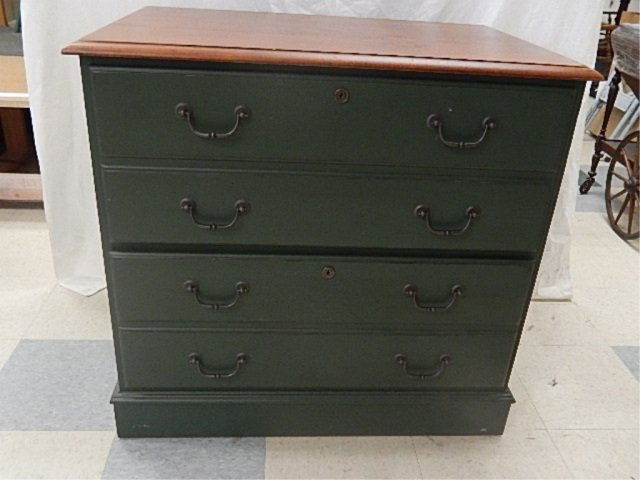 ETHAN ALLEN COUNTRY STYLE 2 DRAWER FILE CABINET: DOVE TAILED DRAWERS, WOOD GRAIN TOP WITH GREEN CABINET, LOCKING DRAWERS, EXCELLENT CONDITION, 32" WIDE BY 30.5" TALL BY 21.5 DEEP.