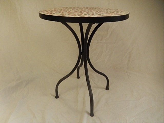 TILE TOP PATIO SIDE TABLE: MULTI COLORED MOSAIC TILE TOP WITH 4 BLACK METAL LEGS MEASURES 20.5 INCHES TALL BY 16 INCHES ACROSS
