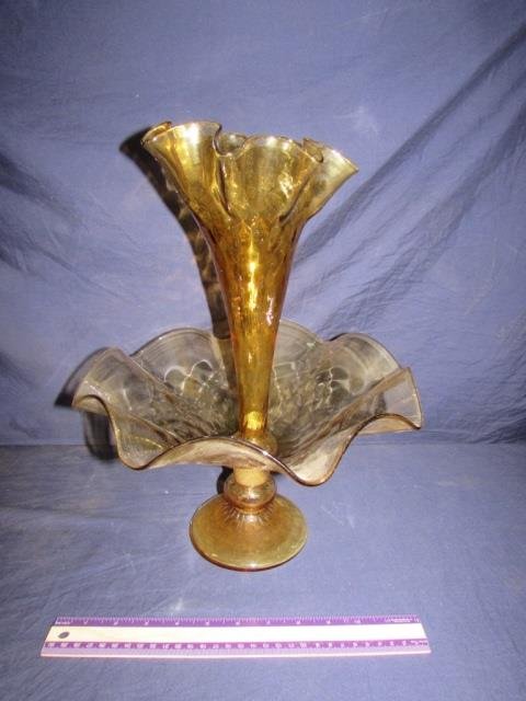 ANTIQUE EPERGNE GLASS CENTERPIECE: VICTORIAN ERA HAND BLOWN YELLOW GLASS CENTERPIECE COMES IN 2 PIECES, MEASURES 15.5 TALL BY 11.5 ACROSS, GOOD CONDITION