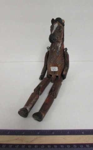 FOLK ART HORSE PUPPET: WOOD PUPPET, ONE EAR IS CHIPPED, IN SITTING POSITION ITS 7" HIGH, TOTAL 11" LONG