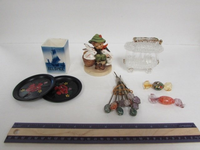 VINTAGE GLASS AND PORCELAIN DECOR: HAND BLOWN GLASS TROLLY, GOEBEL FIGURINE, ALL SPICE TOOTHPICK HOLDER,ART GLASS HORS D'OEUVRES PICKS, & GLASS CANDY