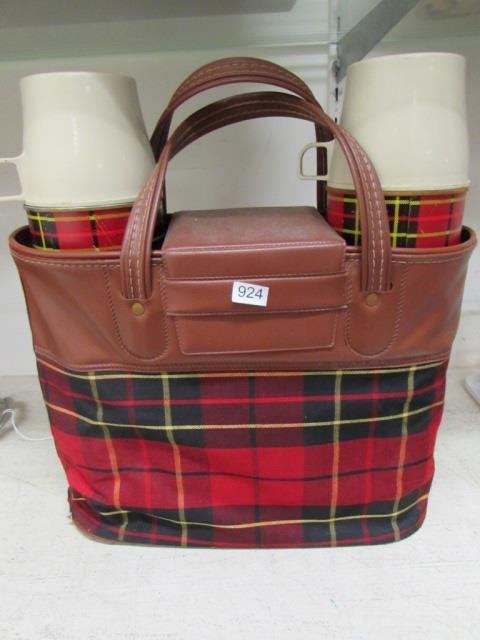 PLAID THERMOS PICNIC SET: SET INCLUDES TWO THERMOS BOTTLES, THEY MEASURE 14 INCHES TALL, LUNCH BOX/KIT MEASURES 4 INCHES TALL BY 9 INCHES WIDE BY 5 INCHES DEEP, GOOD CONDITION