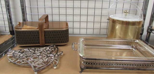 KITCHENWARE: SERVING DISH, ICE BUCKETS, COOLING RACKS IN THE SHAPE OF A FISH AND A BELL, AND A HOT BASKET