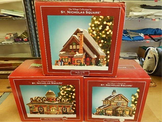 CHRISTMAS DECORATIONS (3): THE VILLAGE COLLECTION BY ST. NICHOLAS SQUARE, INCLUDES THE SKI LODGE, VILLAGE SQUARE TRAIN STATION AND HOME ON THE RANGE.