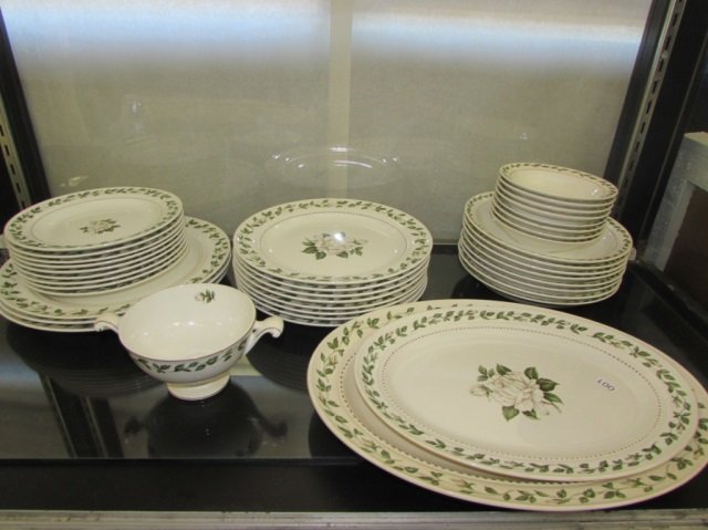DECORATIVE FLORAL DISHWARE SET (39) FLORAL DISHWARE SET: FLORAL DISHWARE SET IS MARKED SUPERIOR HALL QUALITY DINNERWARE TESTED AND APPROVED BY MARY DUNBAR JEWEL HOMEMAKERS INSTITUTE, SET INCLUDES TWO LARGE PLATTERS MEASURE 8.5 BY 11.25 INCHES ACROSS & 10 BY