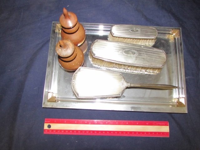 VINTAGE VANITY SET WITH MIRROR TRAY 3 BRUSHES & TWO: 3 BRUSHES & TWO WOODEN PERFUME BOTTLES