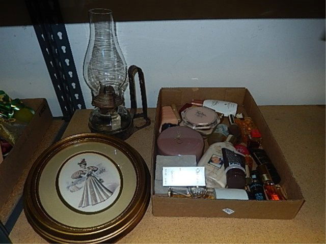 OIL LAMP, WALL PICTURES, LOTION ASSORTMENT TWO WALL: TWO WALL PICTURES, LOTIONS, PERFUME, OIL LAMP AND MORE