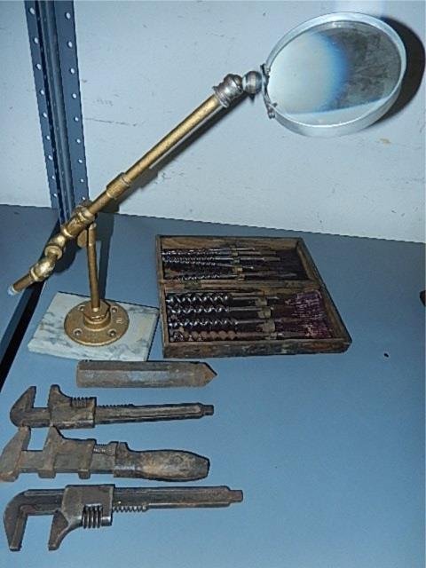 VINTAGE DRILL BITS & OTHER TOOLS MARBLE BASE MAGNIFYING: MARBLE BASE MAGNIFYING GLASS, & MORE