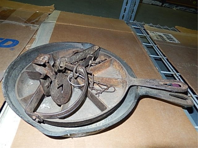 IRON PANS IRON FRYING PAN, DIVIDED CAKE PAN, & A METAL: IRON FRYING PAN, DIVIDED CAKE PAN, & A METAL ANIMAL TRAP