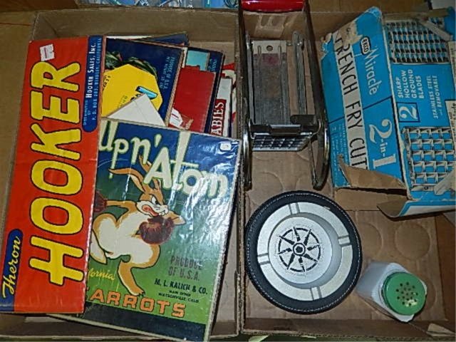 VINTAGE ADVERTISING SIGNS AND MORE ALSO INCLUDES FRENCH: ALSO INCLUDES FRENCH FRY CUTTER, ASH TRAY, AND SPICE JAR