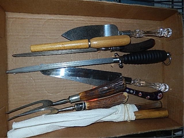 SERVING UTENSILS CARVING KNIVES, KNIFE SHARPENER, ICE: CARVING KNIVES, KNIFE SHARPENER, ICE PICK, SOME WITH HORN HANDLES