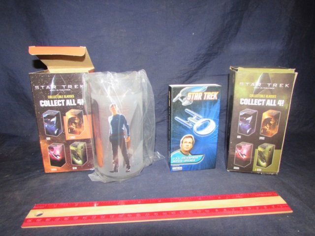 STAR TREK COLLECTIBLE GLASSES & BOTTLE OPENER NIB, NERO: NIB, NERO & SPOCK COLLECTIBLE GLASS, USS ENTERPRISE BOTTLE OPENER