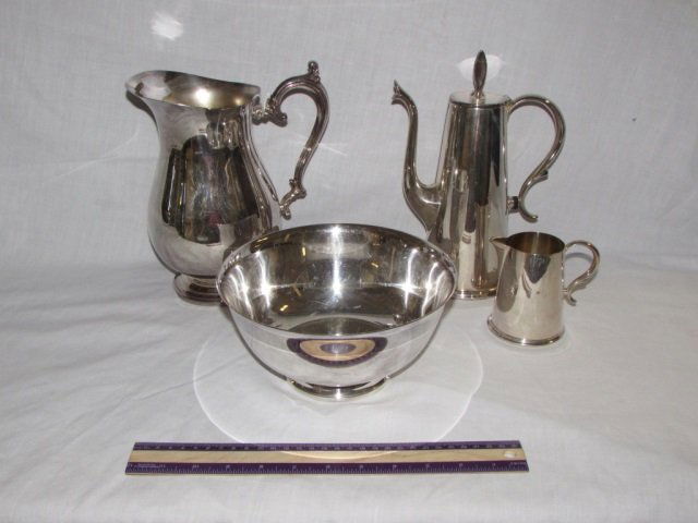SILVER PLATE SERVING PIECES (4): 9" PITCHER, 4" x 8" READ & BARTON SERVING BOWL, & WALLACE ART DECO 10" TEAPOT & CREAMER, ALL IN GOOD CONDITION