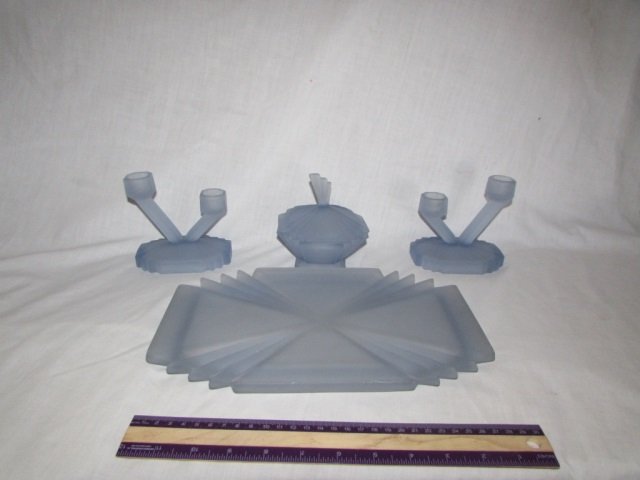 ART DECO BAGLEY GLASS VANITY TRAY: 12" WIDE VANITY TRAY WITH TRINKET BOX & PAIR OF CANDLEHOLDERS, BABY BLUE SATIN ART GLASS