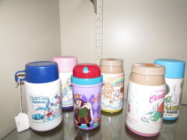 PLASTIC THERMOS BOTTLES (6): TINY TOON, HUNCHBACK OF NOTRE DAME, PRINCESS OF POWER, CINDERELLA, CARE BEARS, & CHIP N DALE