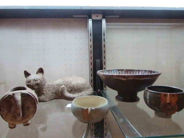 DAVE STEWART POTTERY (5): ELEPHANT VASE, CAT FIGURINE, (2) SMALL BOWLS, & A LARGE BOWL