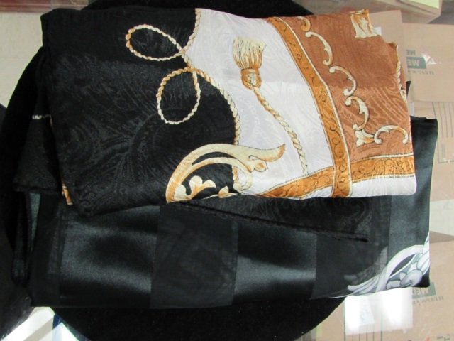 VINTAGE SCARVES (2): POLYESTER SCARF MADE IN KOREA IS 40" BY 39" & HAS IMAGE OF FACE IN CENTER, OTHER IS 39" BY 31" WITH IMAGE OF CREST IN CENTER