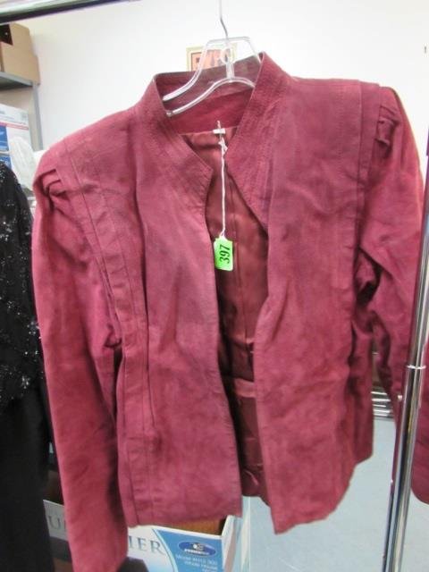 WOMEN'S CLOTHES (3): ANN TAYLOR SIZE 14 BLACK DRESS, CASUAL CORNER MADE IN KOREA MAROON SUEDE JACKET AND RAZZLE DAZZLE BEADED BLACK TOP SIZE XL