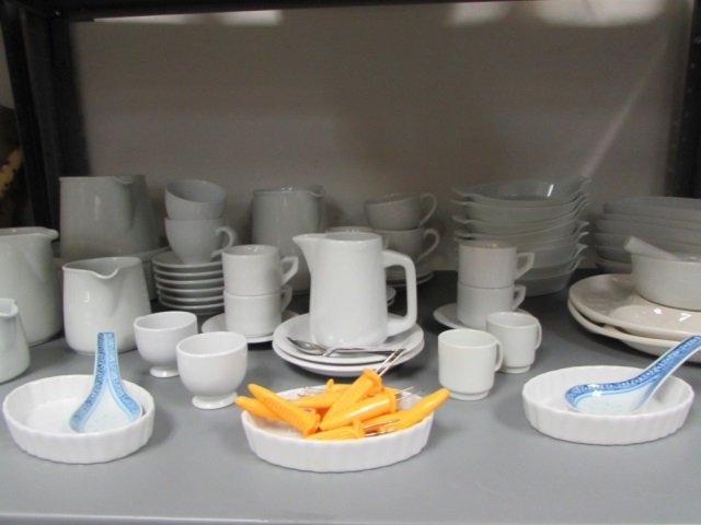 WHITE CERAMIC DISHES (60+): CORN ON THE COB DISH HOLDERS, ESPRESSO CUPS, CREAMERS, PITCHERS, DIVIDED SERVING DISHES AND MORE