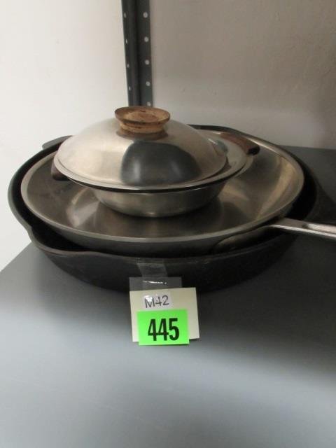 HEAVY DUTY POTS AND PANS: 12" IRON FRYING PAN, STAINLESS STEEL FRYING PAN BY MASTER CHEF & SERVING PIECES