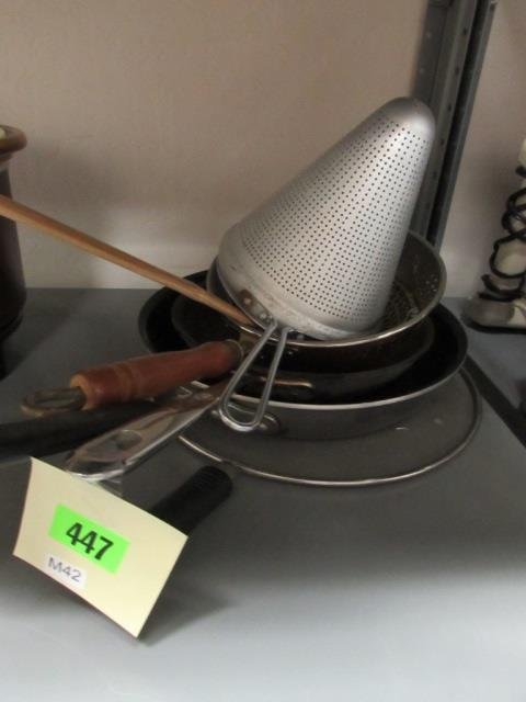 HEAVY DUTY COOKING PANS: NON-STICK FRYING PAN 12", COLANDER, EMERIL 10" FRYING PAN, SKIMMER
