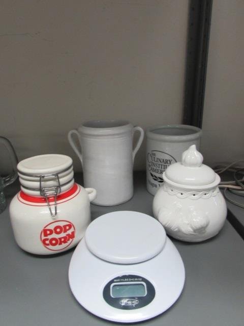CERAMIC JARS & CROCKS (4): POP CORN FLIP TOP KERNEL KEEPER, NAPA VALLEY CROCK, HANDLED CROCK, GARLIC HOLDER, FOOD WEIGHT SCALE