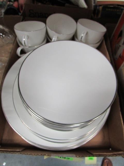 ROYAL WORCESTER FINE CHINA: WHITE WITH SILVER BAND TRIM, SIX CUPS, ELEVEN B&B PLATES, SIX SALAD PLATES, SIX DINNER PLATES