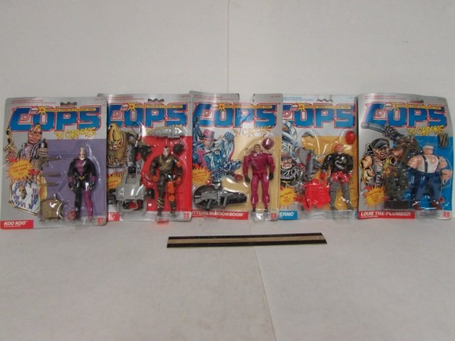 1988 COPS 'N CROOKS FIGURES (5): 1988 COPS 'N CROOKS FIGURES (5) ALL ARE IN ORIGINAL PACKAGING, LOUIE THE PLUMBER, BULLIT, INFERNO, BUTTONS MCBOOM BOOM, KOO KOO