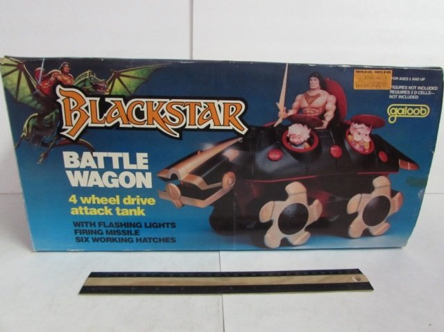 1984 BLACKSTAR BATTLE WAGON: 1984 BLACKSTAR BATTLE WAGON ORIGINAL PACKAGING HAS BEEN OPENED, 4 WHEEL DRIVE ATTACK TANK