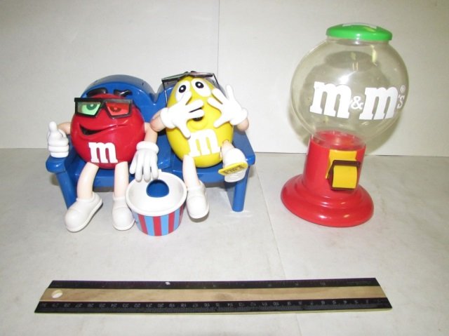 PLASTIC M&M CANDY DISPENSERS (2): PLASTIC M&M CANDY DISPENSERS (2) BOTH ARE IN GOOD CONDITION