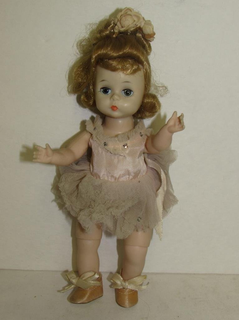 ALEX BALLET DOLL: 8" LONG, PLASTIC HEAD AND BODY, MOVEABLE ARMS AND LEGS, JOINTED KNEES, BLONDE WIG, BROWN GLASS SLEEPY EYES, MARKED ALEX ON BACK