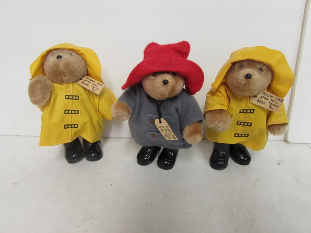 1987 PADDINGTON PLUSH BEARS (3): ALL ARE 5" LONG, PAPER LABEL READ EDEN TOYS INC. ALL ARE IN GOOD CONDITION