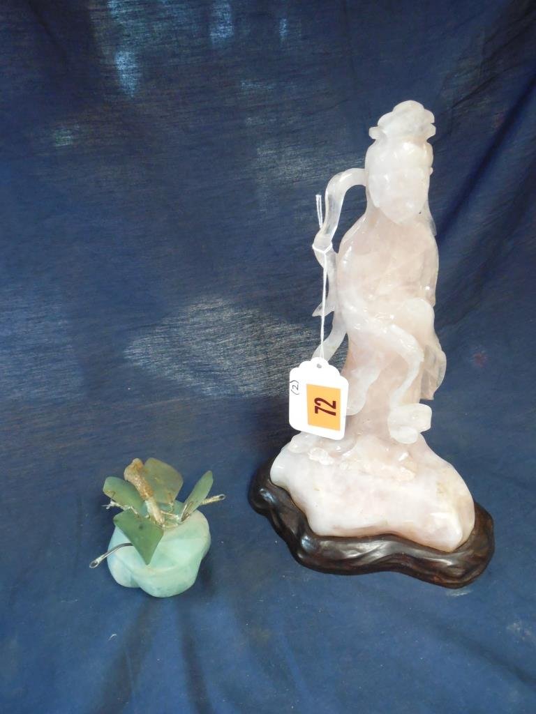 PINK QUARTZ ASIAN LADY & JADE APPLE (2): PINK QUARTZ ASIAN LADY & JADE APPLE (2) LADY IS 12" TALL WITH WOODEN BASE, CHINESE JADE APPLE WITH LEAVES 3" TALL, GREAT CONDITION