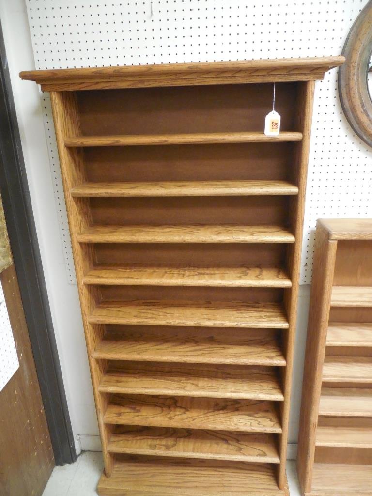 OAK DVD-CD SHELVES: OAK DVD-CD SHELVES TEN SHELVES, 89" TALL BY 31" WIDE BY 7" DEEP