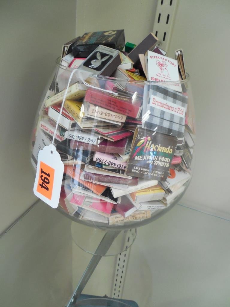 COLLECTIBLE MATCHBOOK ASSORTMENT: COLLECTIBLE MATCHBOOK ASSORTMENT LARGE LOT INSIDE GLASS BOWL, INCLUDES PLAYBOY, THE PHANTOM OF THE OPERA & MANY MORE
