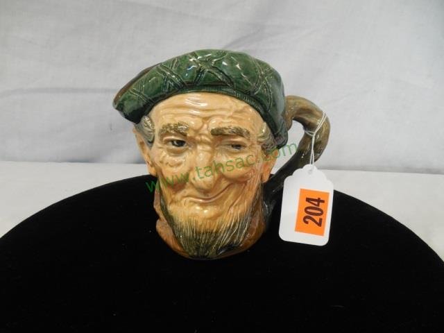 ROYAL DAULTON CERAMIC TOBY MUG: ROYAL DAULTON CERAMIC TOBY MUG AULD. MAC6" TALL BY 8" ACROSS, BEARDED MAN WEARING GREEN HAT